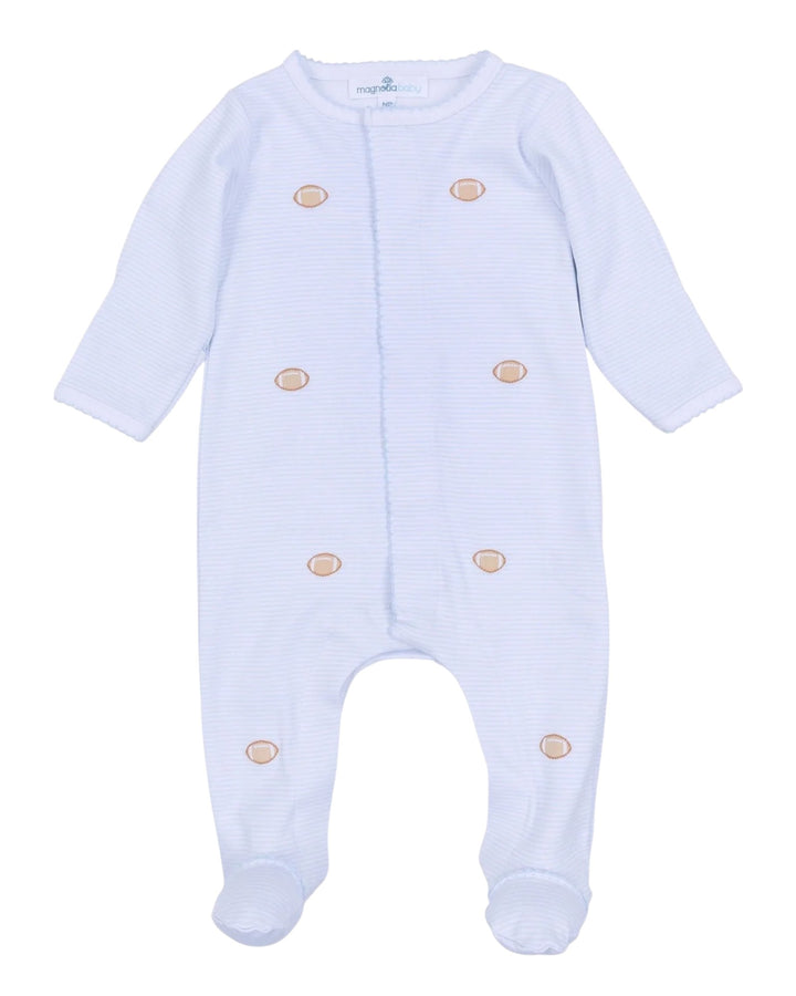 Light blue baby onesie with gold buttons on a white background