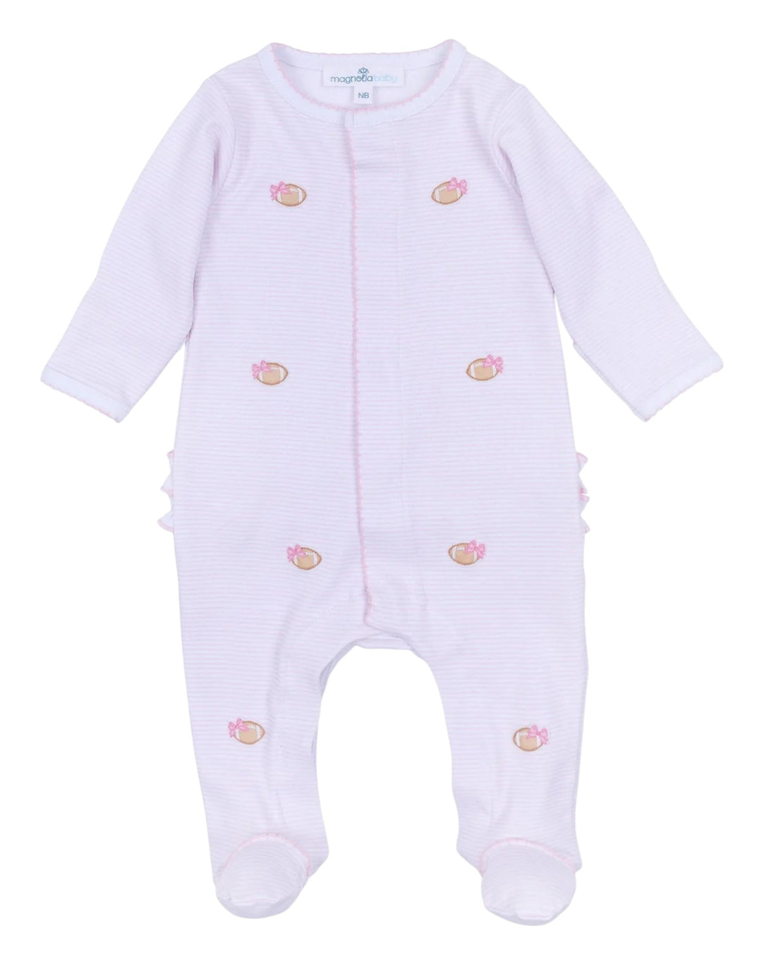 White baby onesie with pink floral patterns on a white background