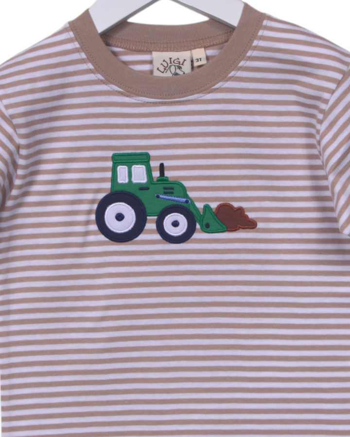 Tractor Applique Brown Stripe Boys Shirt, That Store, close up