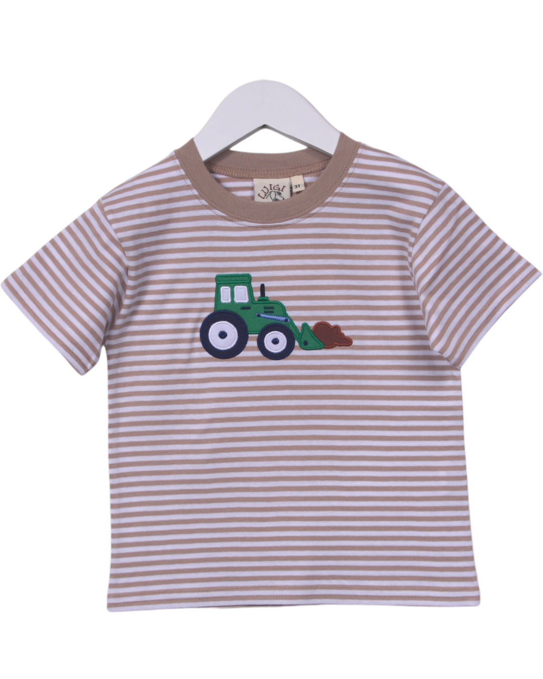 Tractor Applique Brown Stripe Boys Shirt, That Store, front