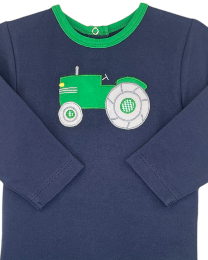 Tractor Applique Navy & Green Gingham Boy's Pant Set, That Store, close up