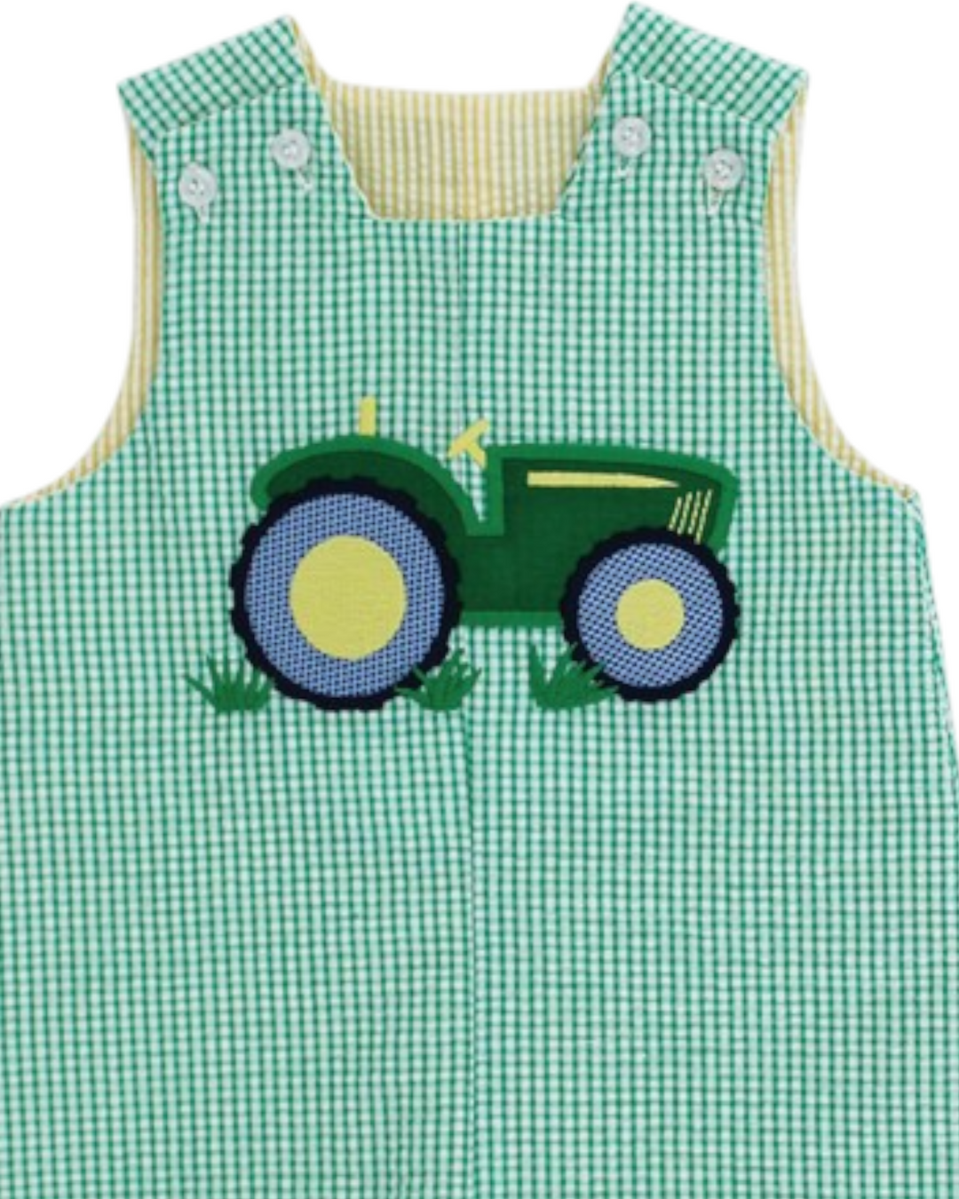 Tractor Applique Reversible Green Seersucker Jon Jon, That Store, close up 1