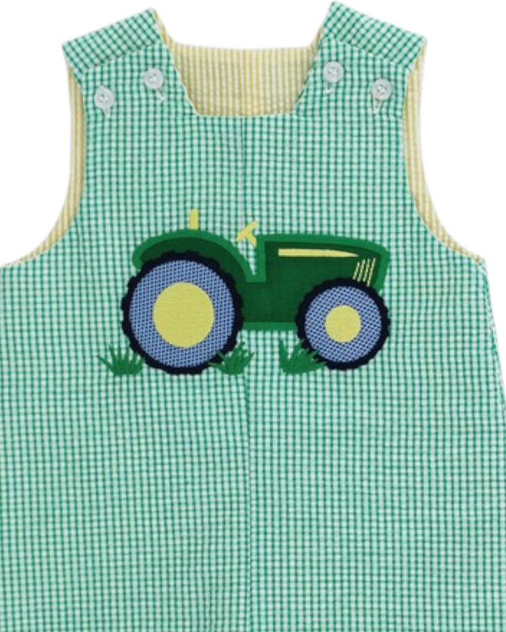 Tractor Applique Reversible Green Seersucker Jon Jon, That Store, close up 1