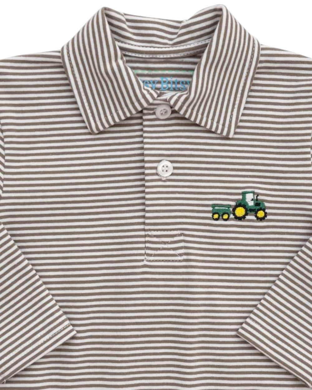 Striped polo shirt with a tractor emblem on a white background