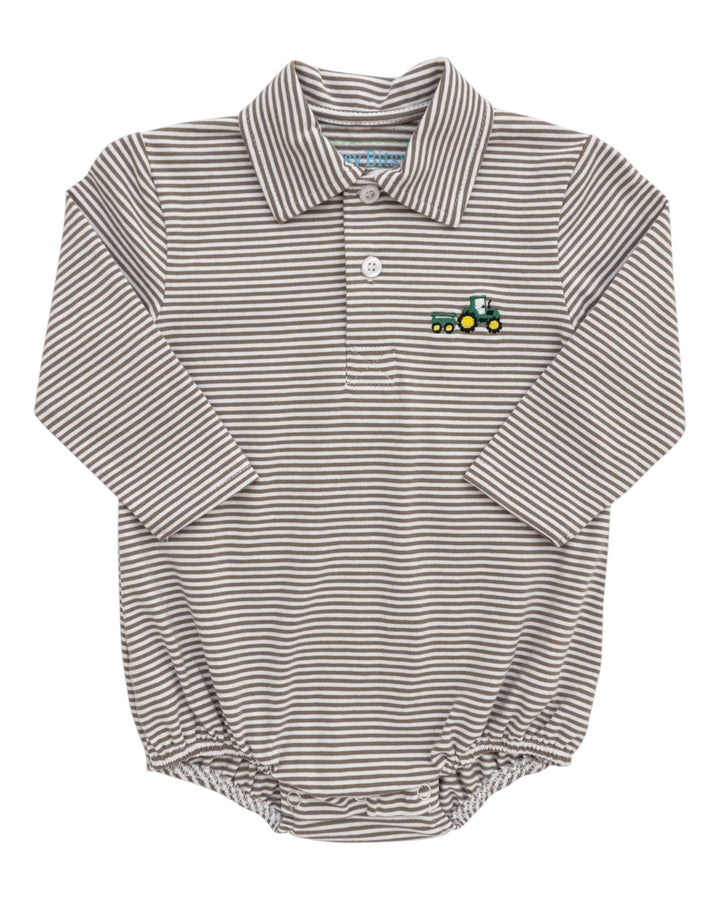 Striped baby romper with a tractor design on a white background