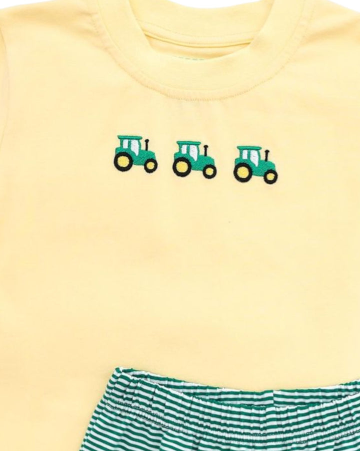Tractor Embroidered Yellow & Green Stripe Short Set