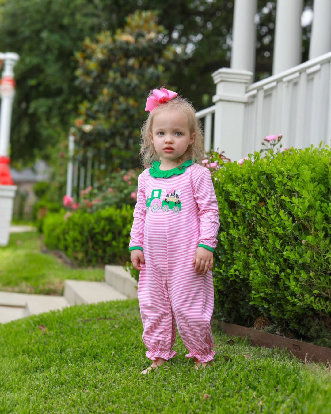 Tractor Pink Stripe Girls Ruffle Romper