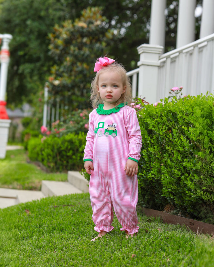 Tractor Pink Stripe Girls Ruffle Romper