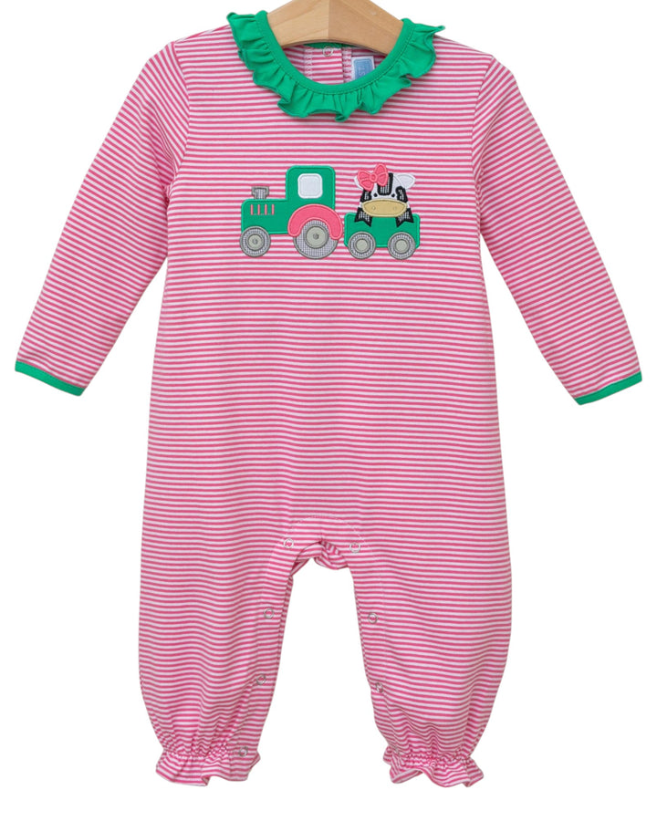 Tractor Pink Stripe Girls Ruffle Romper