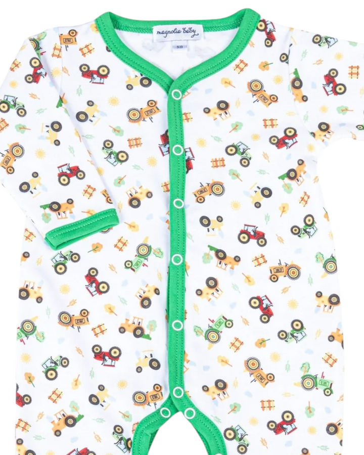 Tractor Time Print White & Green Boys Playsuit, close up, That Store