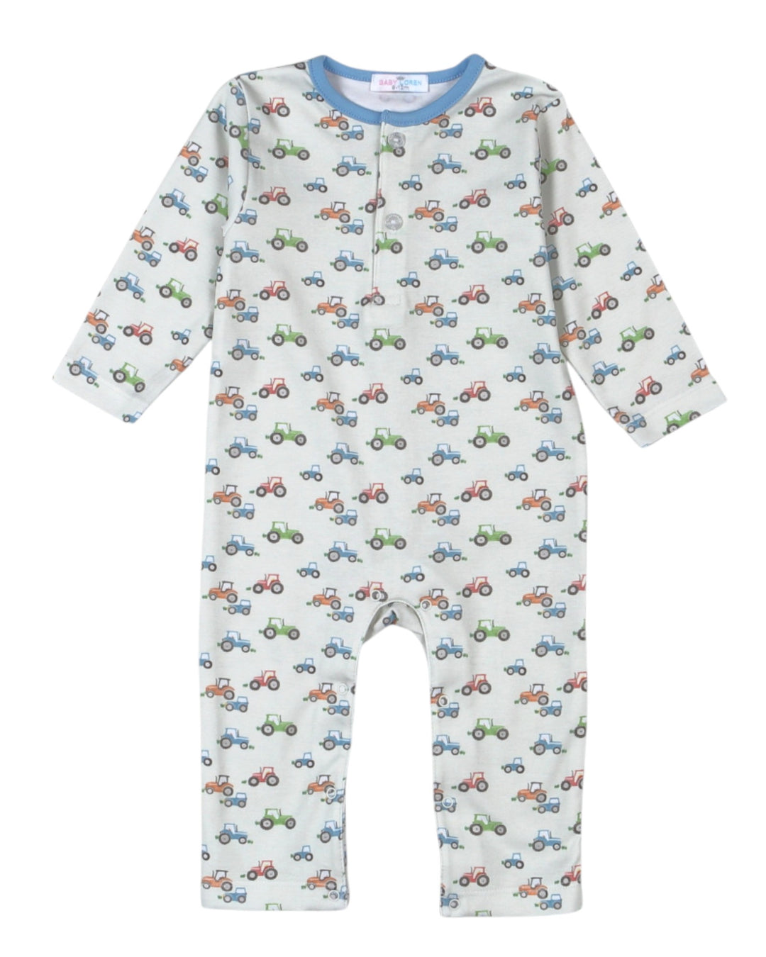 A baby long-sleeve romper in off-white with an all-over tractor print in green, blue, and orange, featuring a light blue collar and a three-button henley neckline, that store