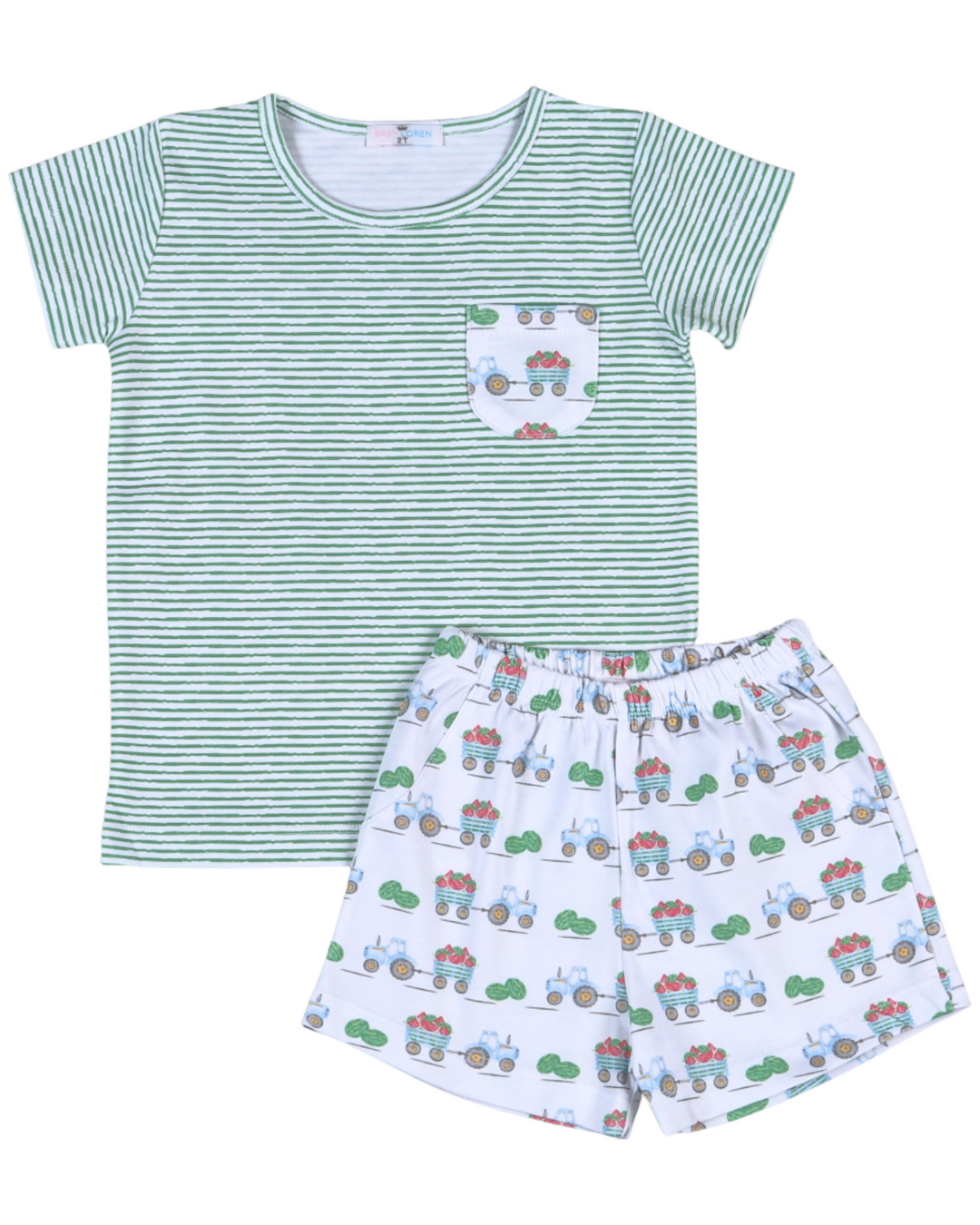 Children's pajama set with striped shirt and patterned shorts on a white background