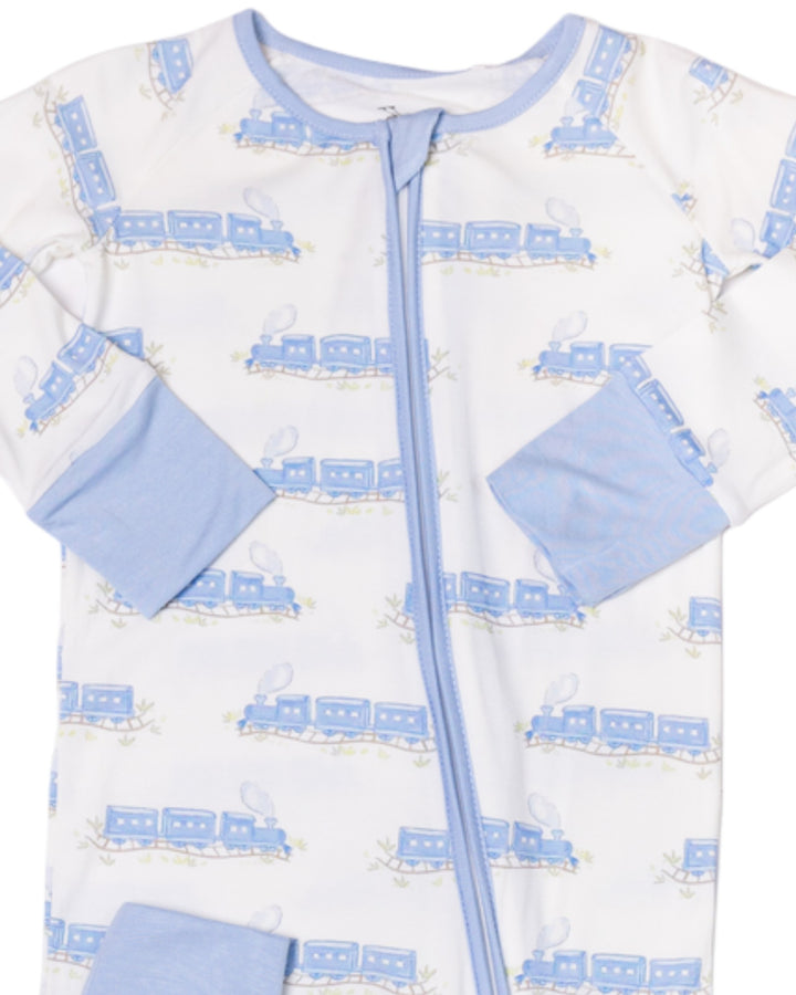 Train - Sleep Blue Boys Romper Zip, Shop That Store, close