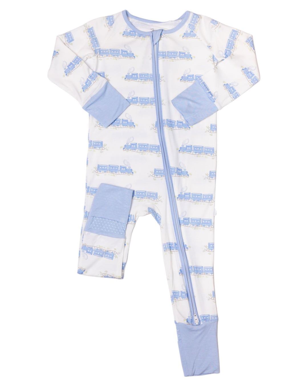 Train - Sleep Blue Boys Romper Zip, Shop That Store, front