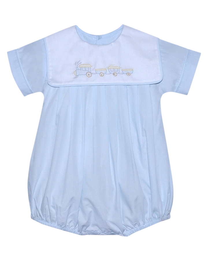Train Embroidered Blue Boys Bubble, That Store, front