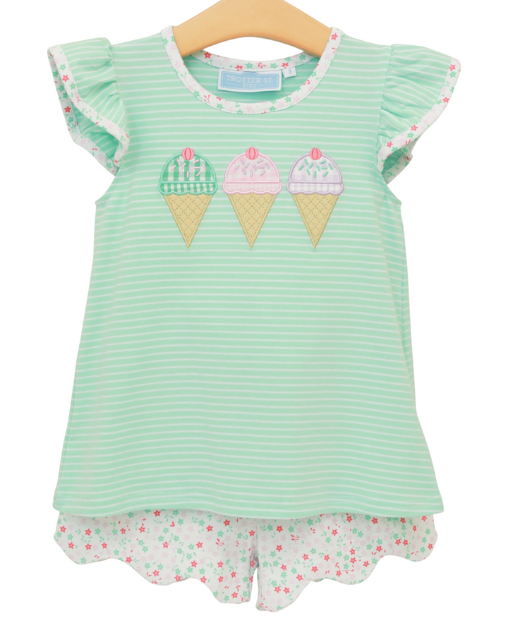 Triple Scoop Appliqué Mint Girls Flutter Short Set, shop that store, front