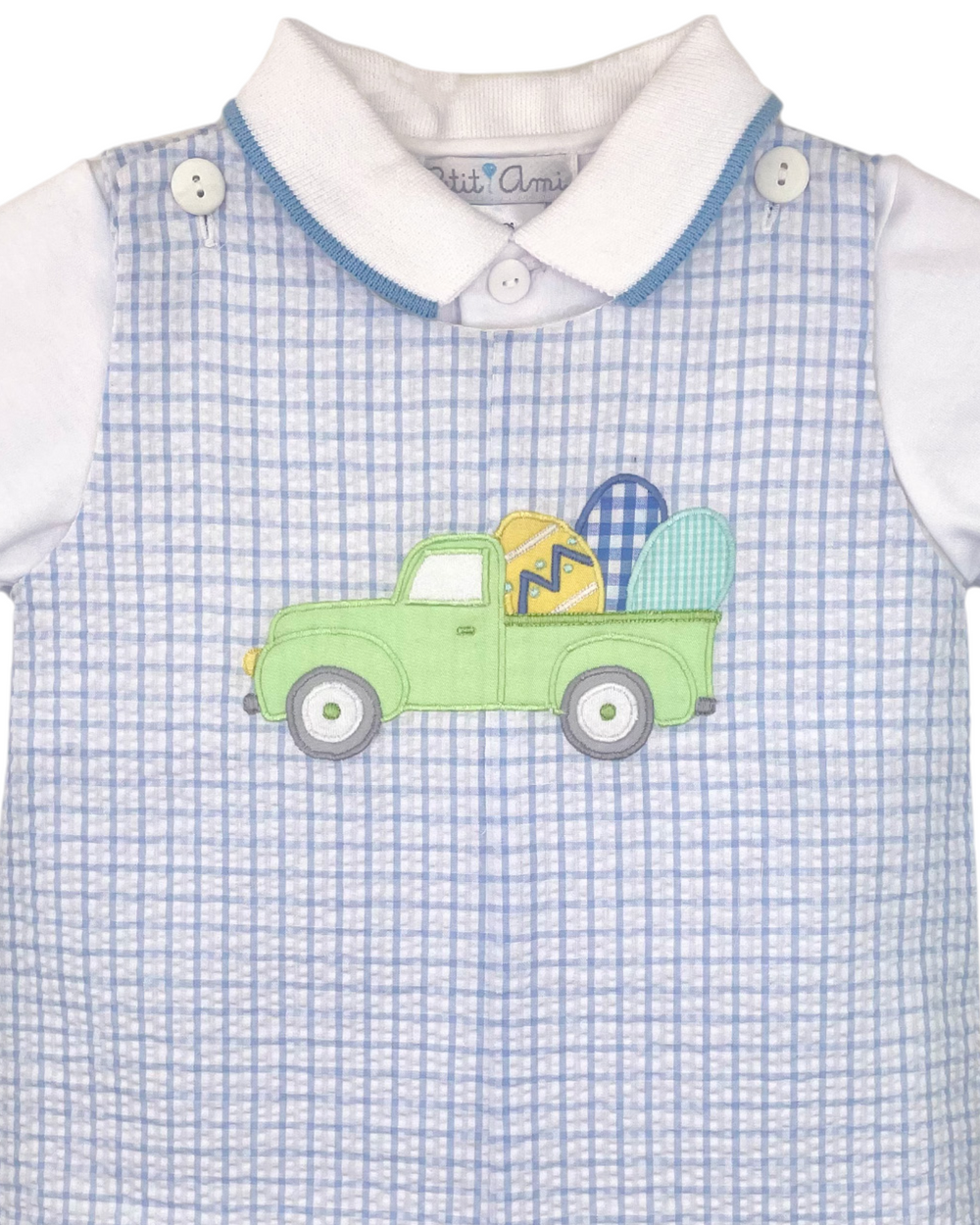 Truck Hauling Easter Eggs Applique Blue Plaid Boys Short Set, That Store, close up