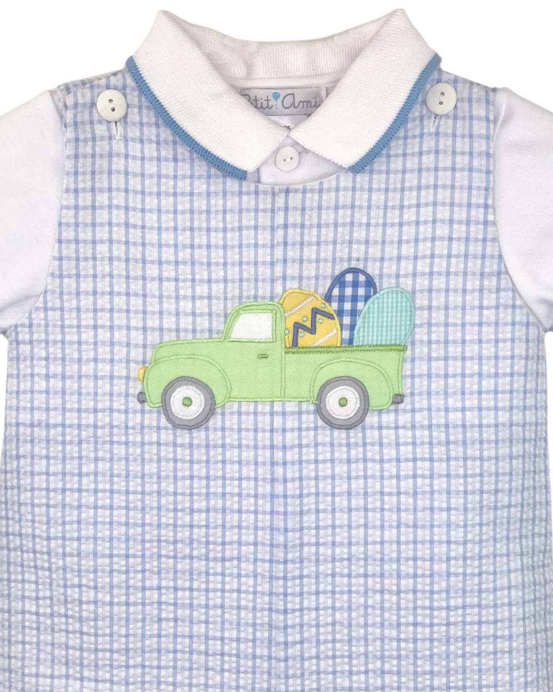 Truck Hauling Easter Eggs Applique Blue Plaid Boys Short Set, That Store, close up