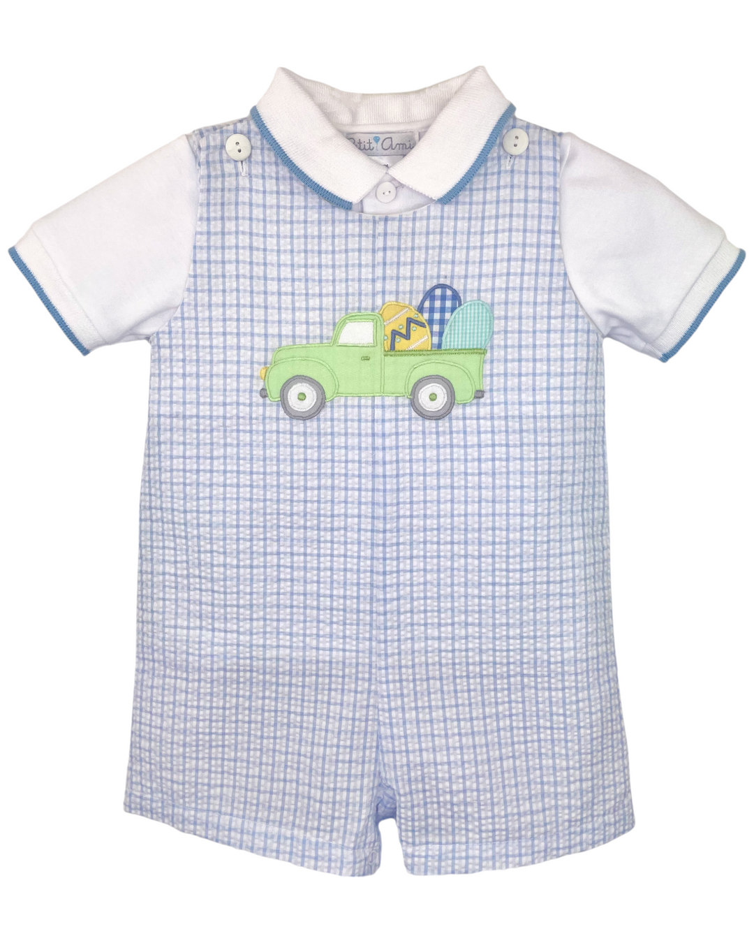 Truck Hauling Easter Eggs Applique Blue Plaid Boys Short Set, That Store, front