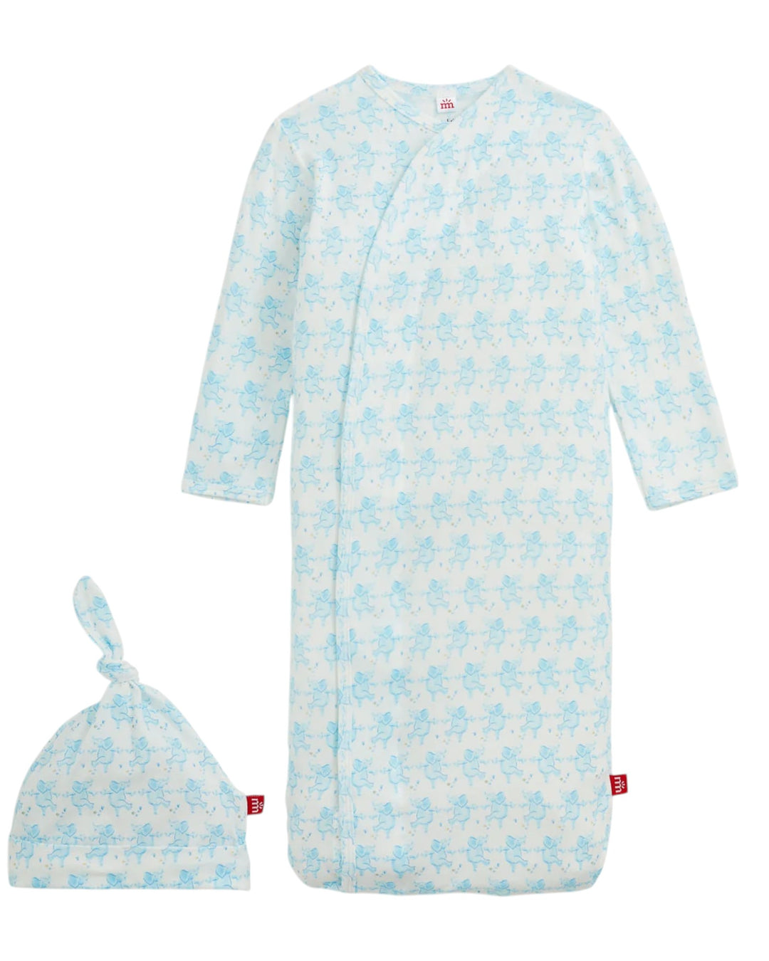 A baby sleep sack and matching beanie set in a light blue and white pattern, displayed on a clean white background, that store