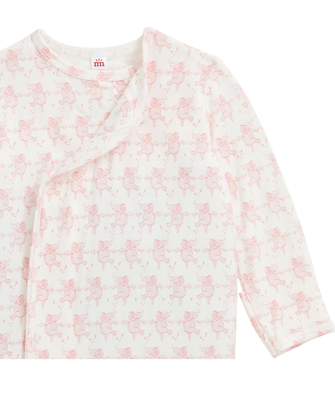 A long-sleeve baby wrap top in white with a repeating light pink teddy bear pattern, shown on a plain white background, that store