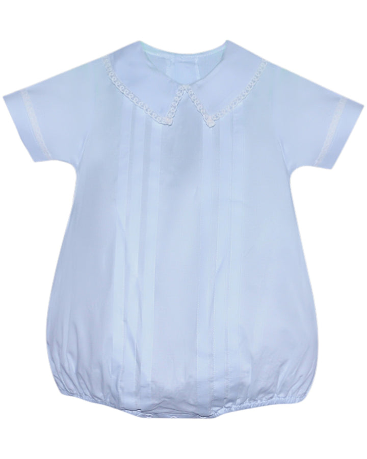 Light blue baby romper with embroidered details on a white background