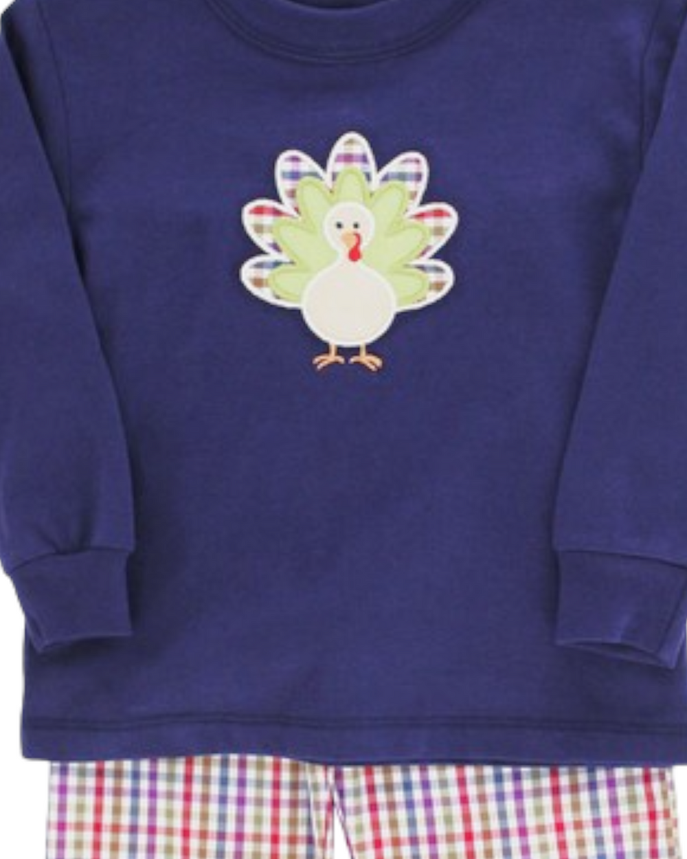 Turkey Applique Blue Boys Pant Set, close up