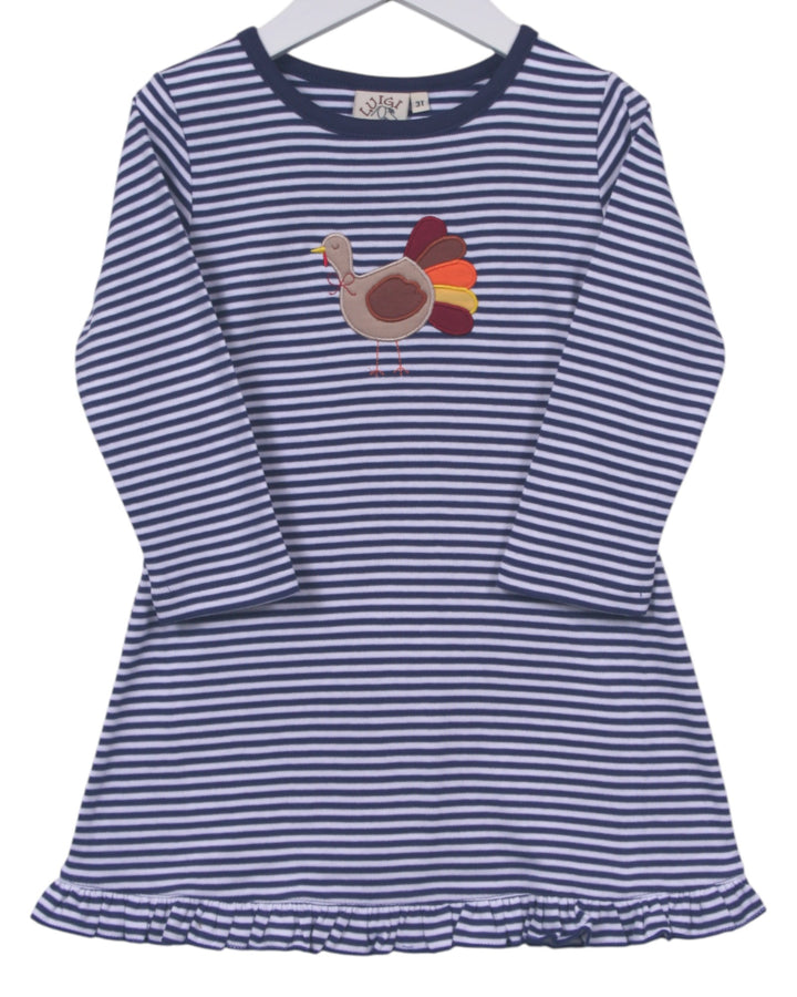 Blue and white striped dress with a turkey applique on a hanger