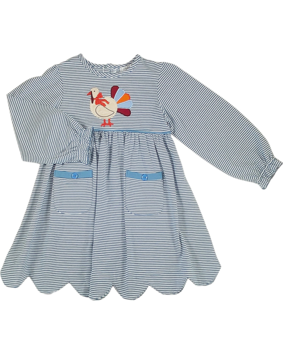 Children's dress with a turkey applique on a white background