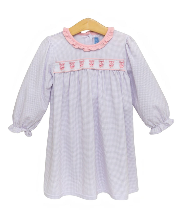 lavender windowpane check dress with ballet shoes ribbon, that store