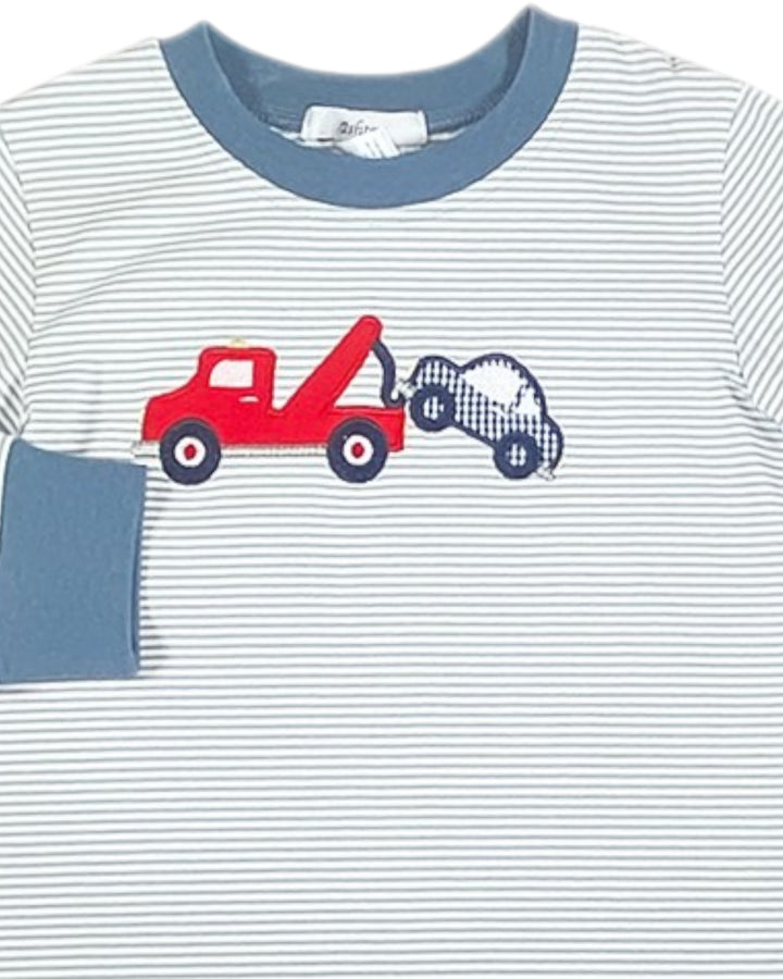 Two Truck Applique Green Stripe Boys Pant Set