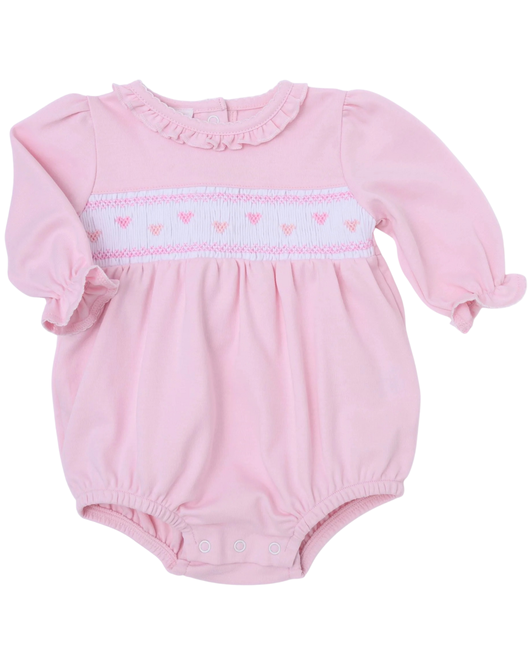 Pink baby romper with heart pattern on a white background