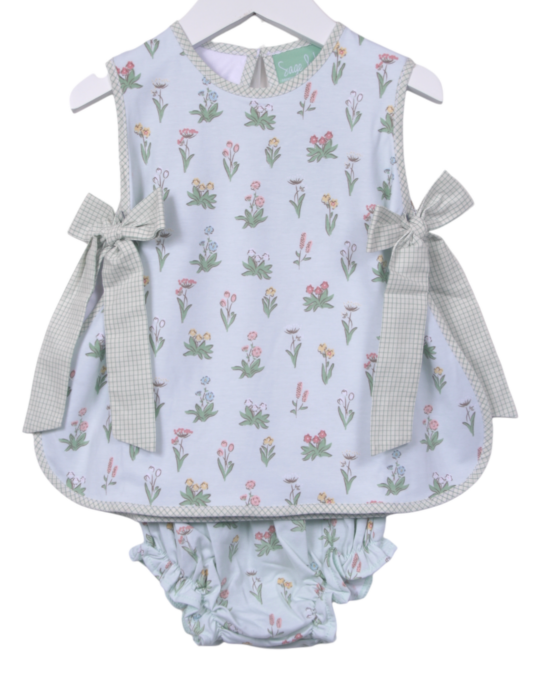 Vintage Floral Bow Green Girls Bloomer Set, That Store, front