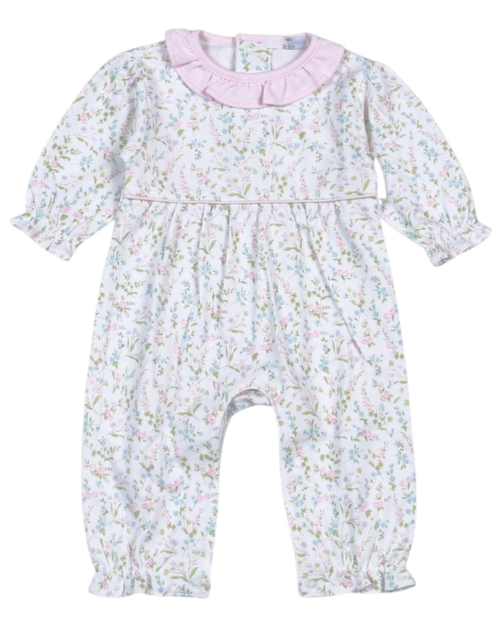 Floral baby romper with pink ruffled collar on a white background