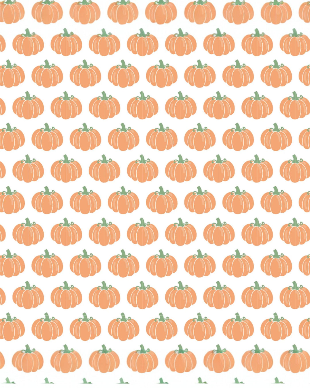Pattern of orange pumpkins with green stems on a white background