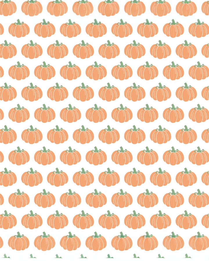 Pattern of orange pumpkins with green stems on a white background