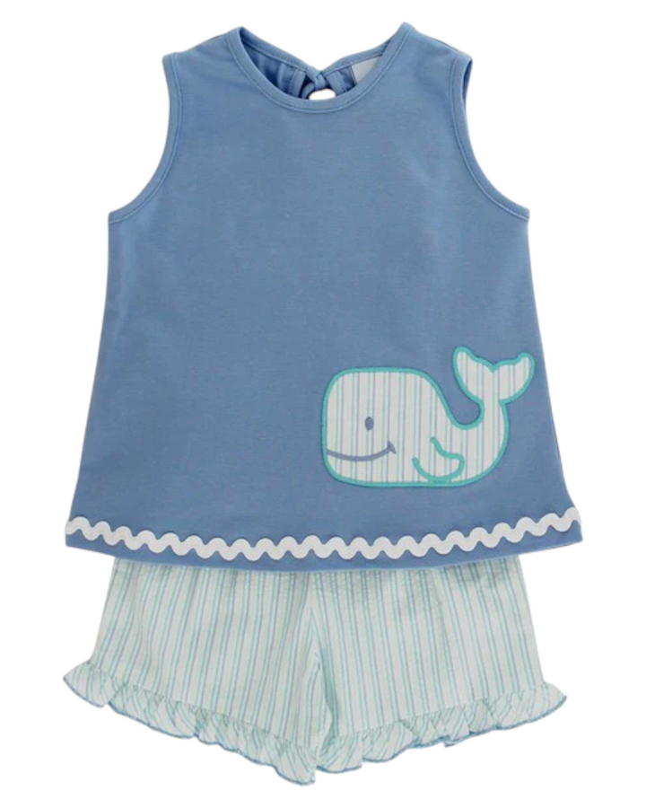 Wally Whale Blue Girls Short Set, That Store, front