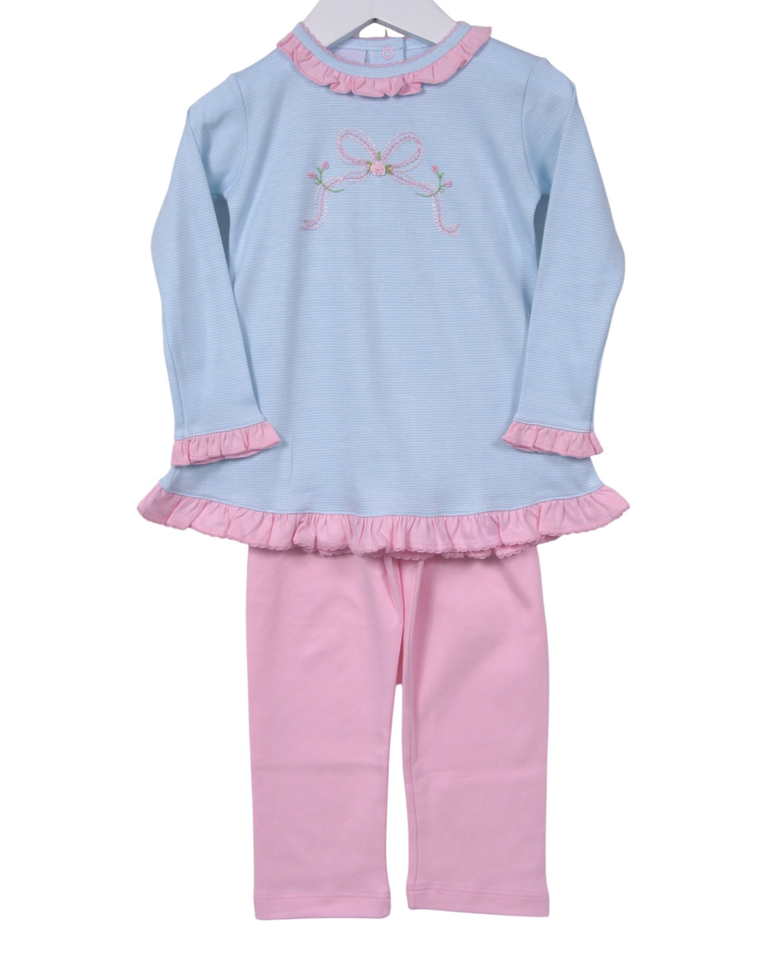 Children's outfit with blue top and pink pants on a white background