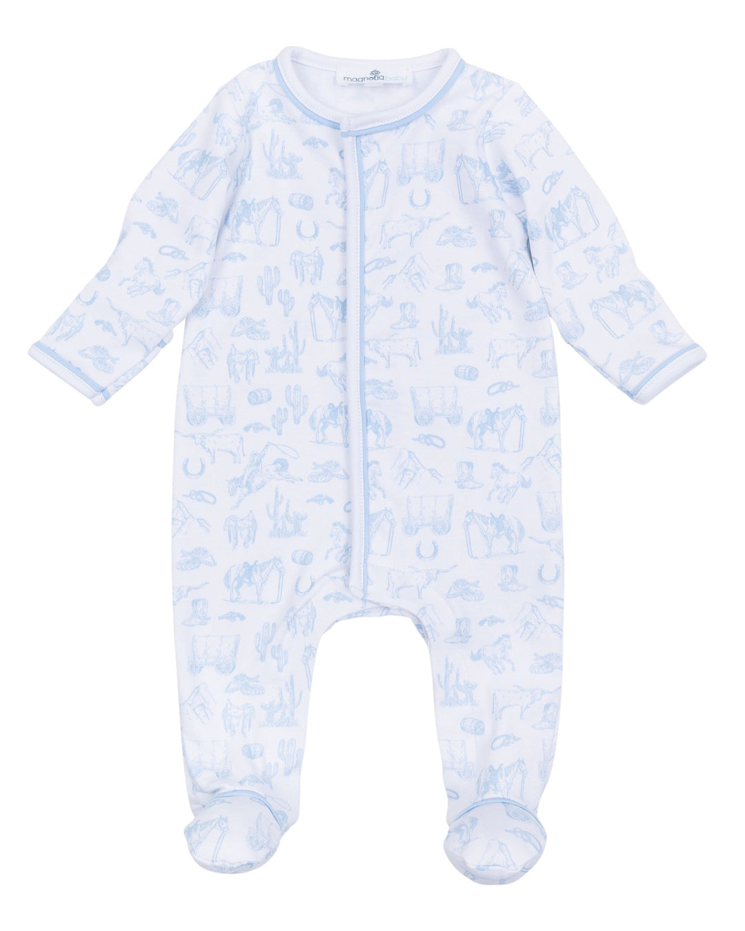 Baby onesie with blue patterns on a white background