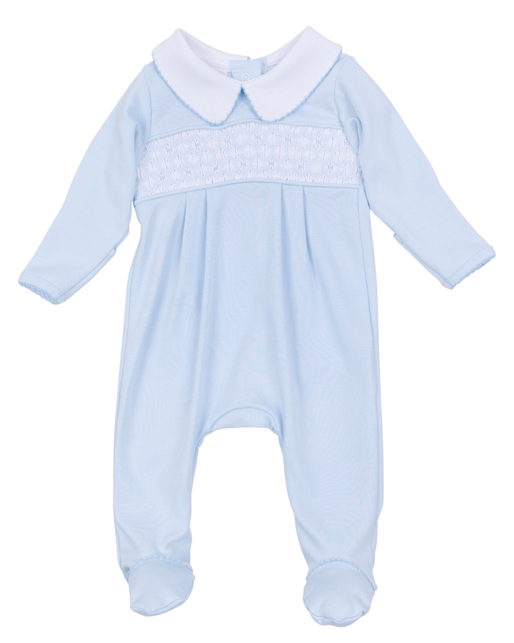 Smocked Light blue baby romper with white collar on a white background