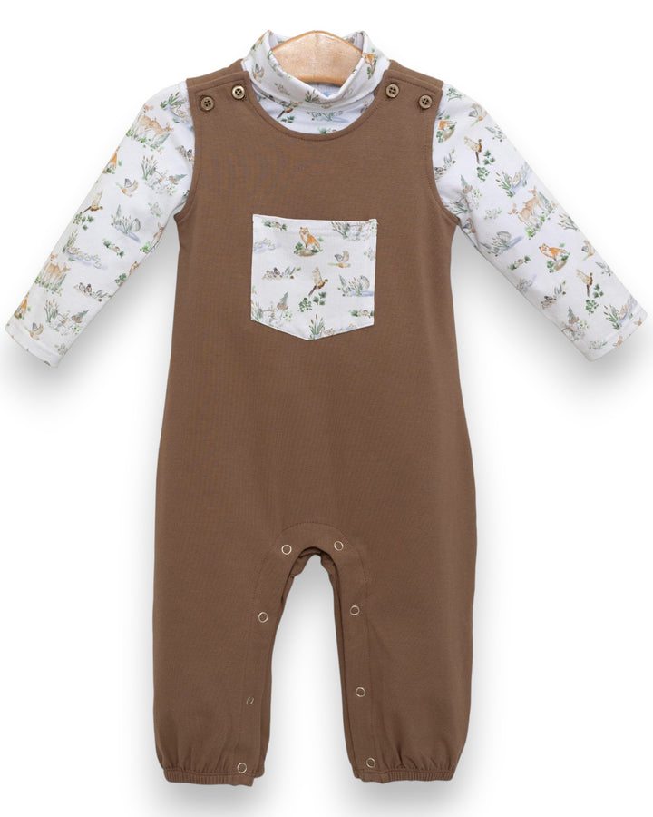 Brown baby romper with floral long-sleeve shirt on a white background