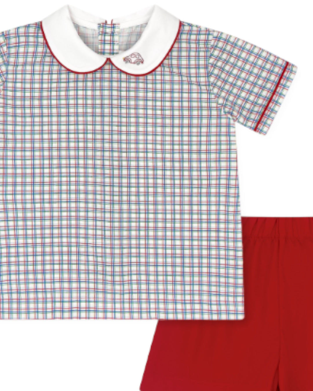 Children's checkered shirt with white collar and red trim, paired with red shorts on a white background.
