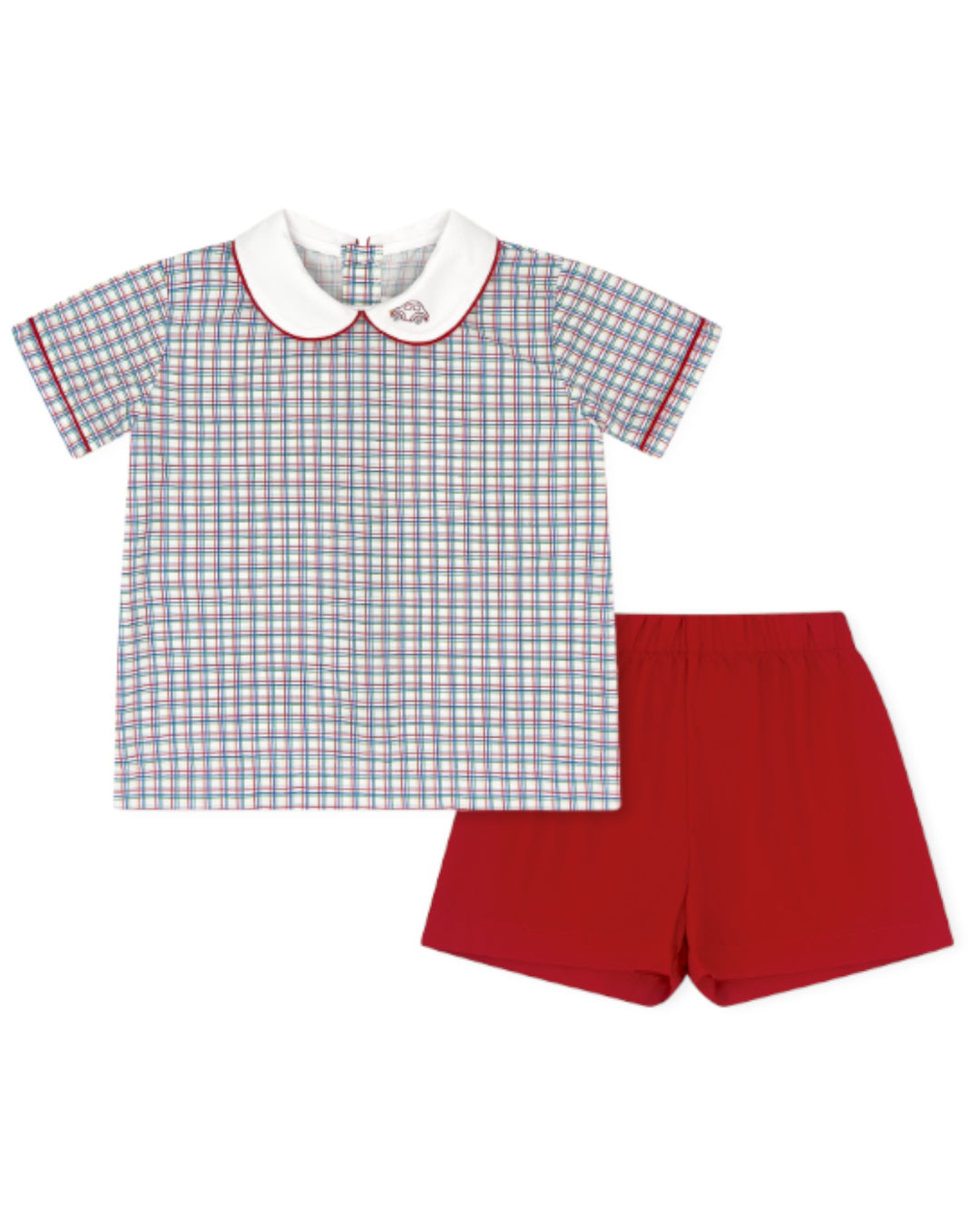 Children's outfit with checkered shirt and red shorts on a white background