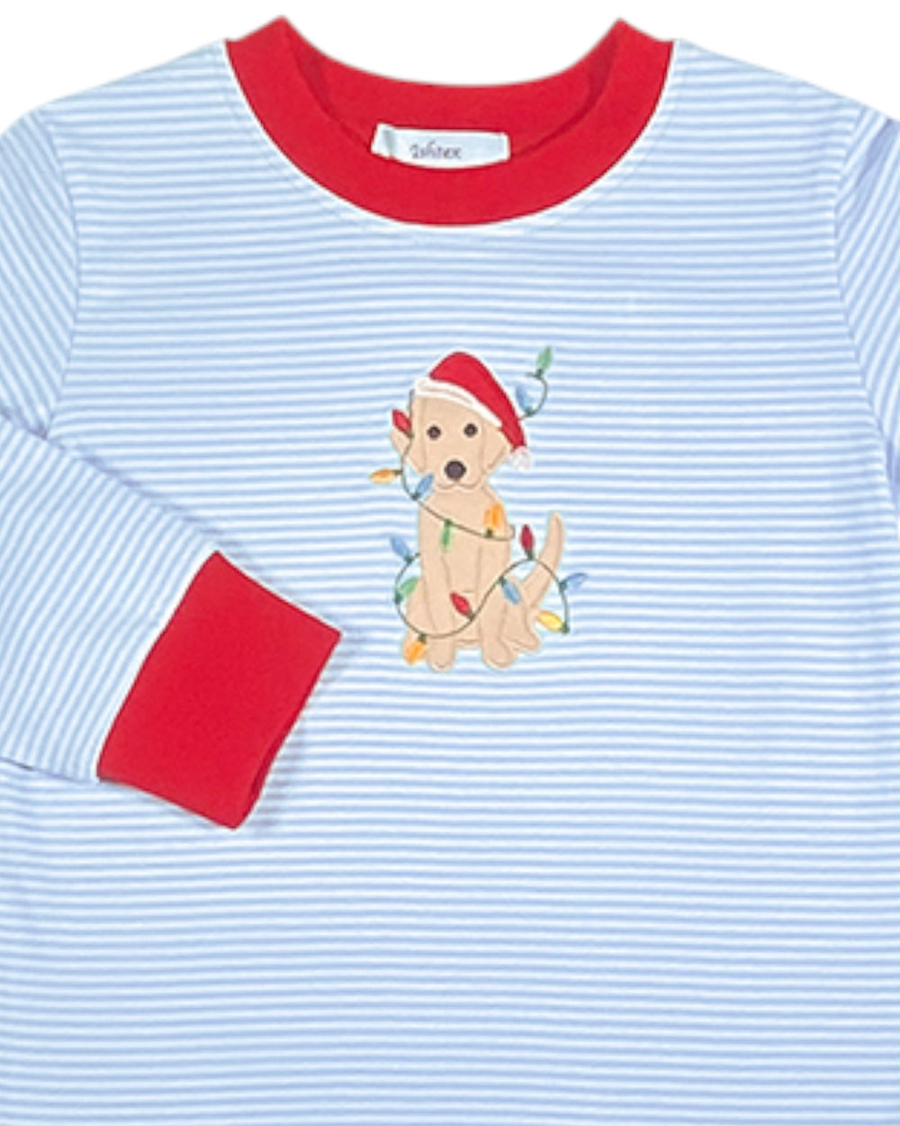Children's long-sleeve shirt with a Christmas-themed dog design on a blue and red striped background.