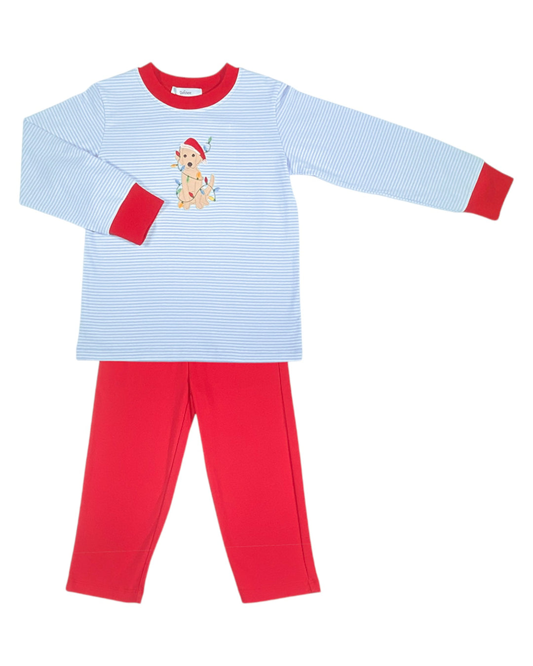 Children's pajama set with blue striped top and red pants on a white background