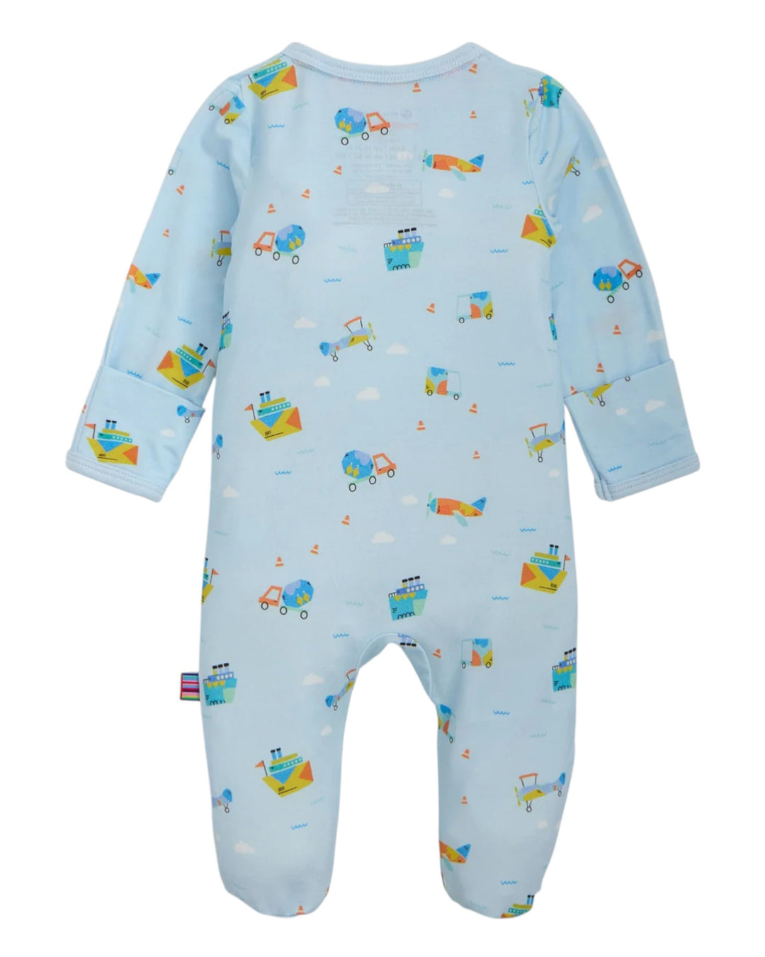 Baby onesie with vehicle pattern on a light blue background