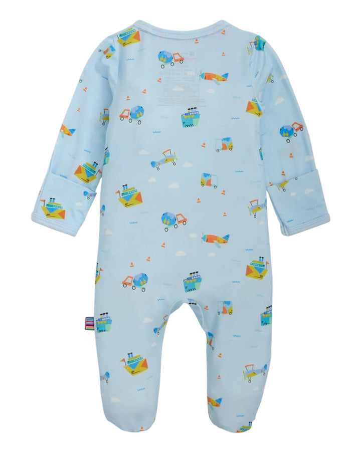 Baby onesie with vehicle pattern on a light blue background