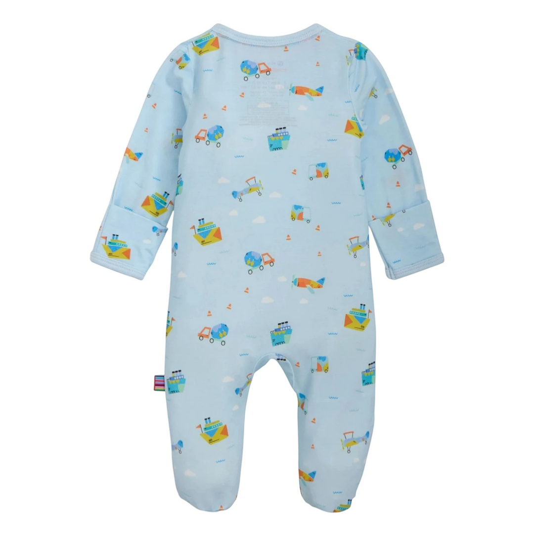 Baby onesie with vehicle pattern on a light blue background
