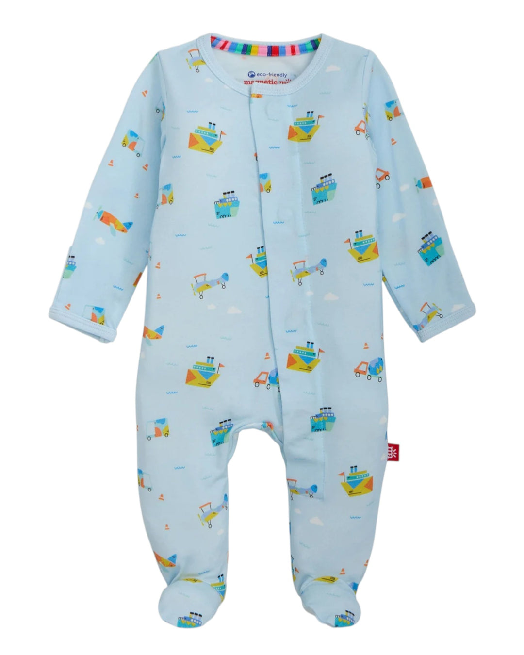 Baby onesie with colorful boat pattern on a light blue background