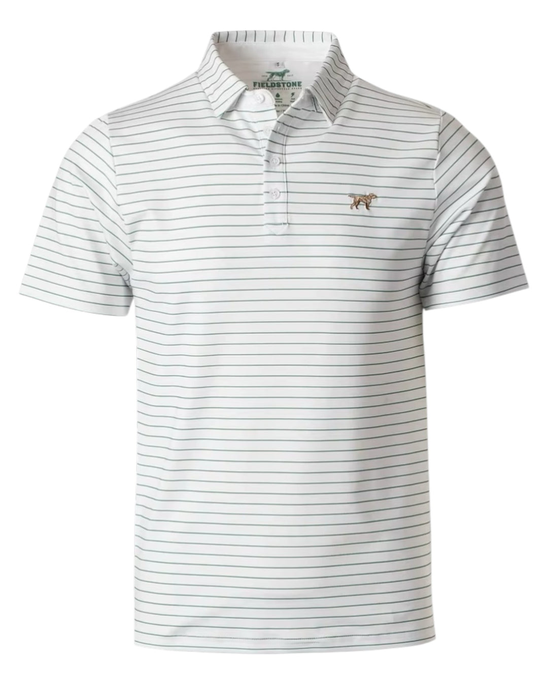 White and gray striped polo shirt with a small logo on a white background